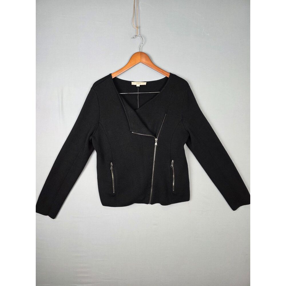 LOFT Black Asymetrical Moto Motorcycle Sweater Knit Large Cyber Goth Wool Blend - Picture 2 of 8